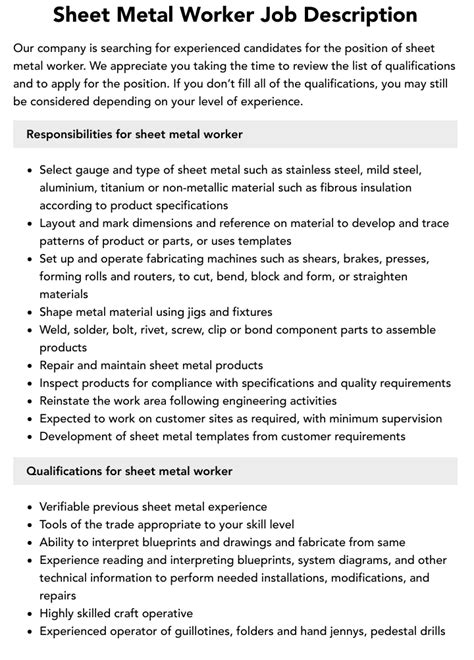 construction sheet metal worker|sheet metal worker responsibilities.